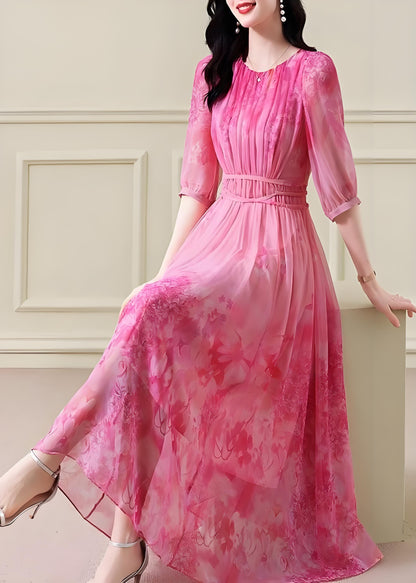 Women's Pink Printed Ruched Tie Waist Long Half Sleeve Dress