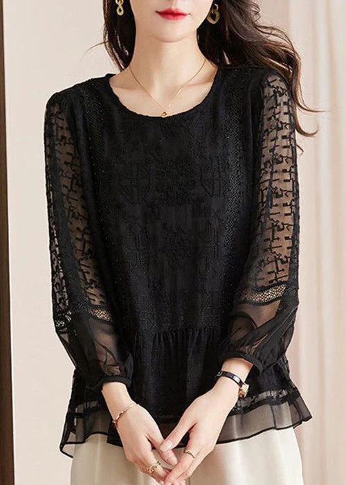 There are oh yo black embroidered cut-out lace blouse long-sleeved blouse