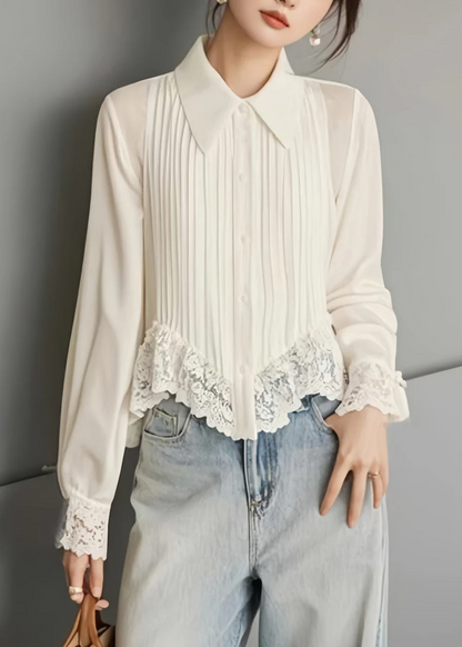 Women's Lapel Lace Cardigan Long Sleeve Shirt Spring