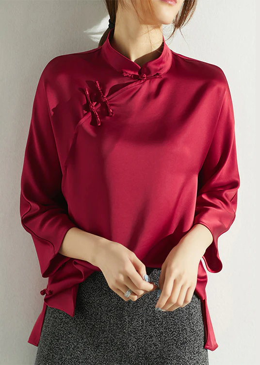 Elegant Standing Collar Side Split Silk Blouse Three-Quarter Top