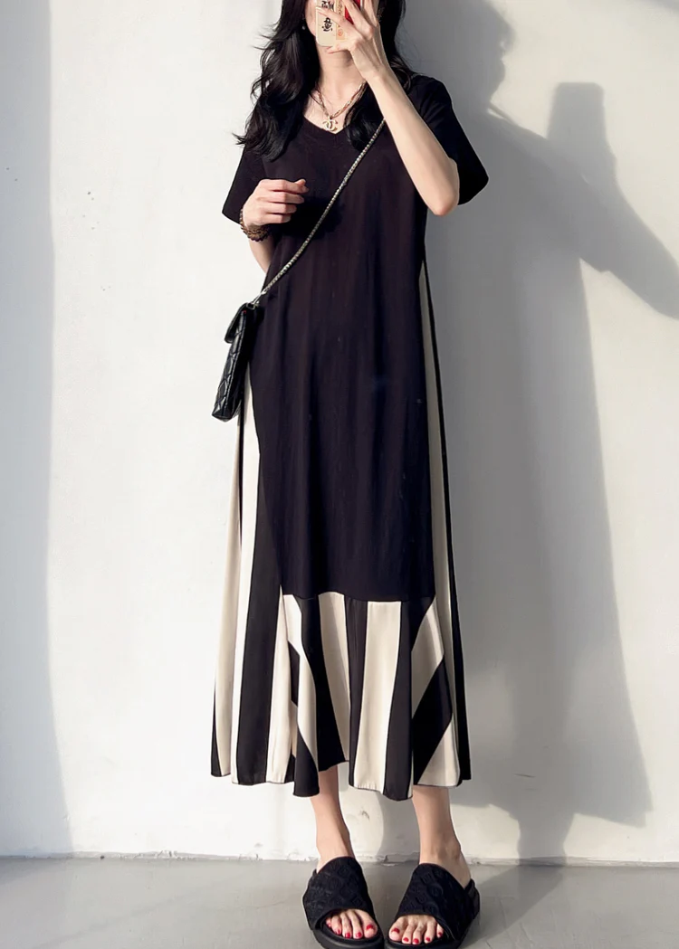 Women's V-Neck Patchwork Cotton Patchwork Striped Short Sleeve Long Dress