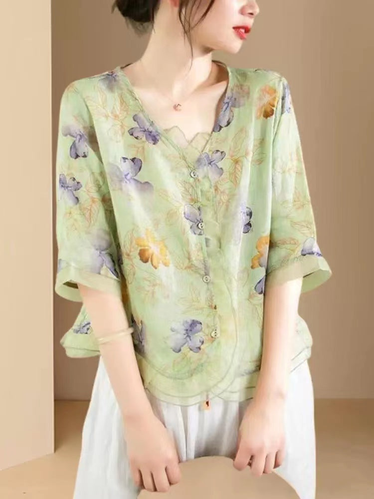 Fashion Ruffle Button Patchwork Linen Shirt