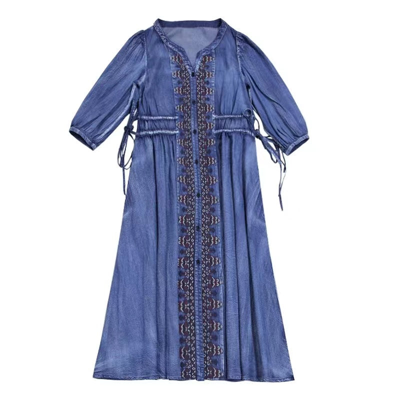 V-Neck Embroidered Tie Button Short Sleeve Shirt Denim Dresses