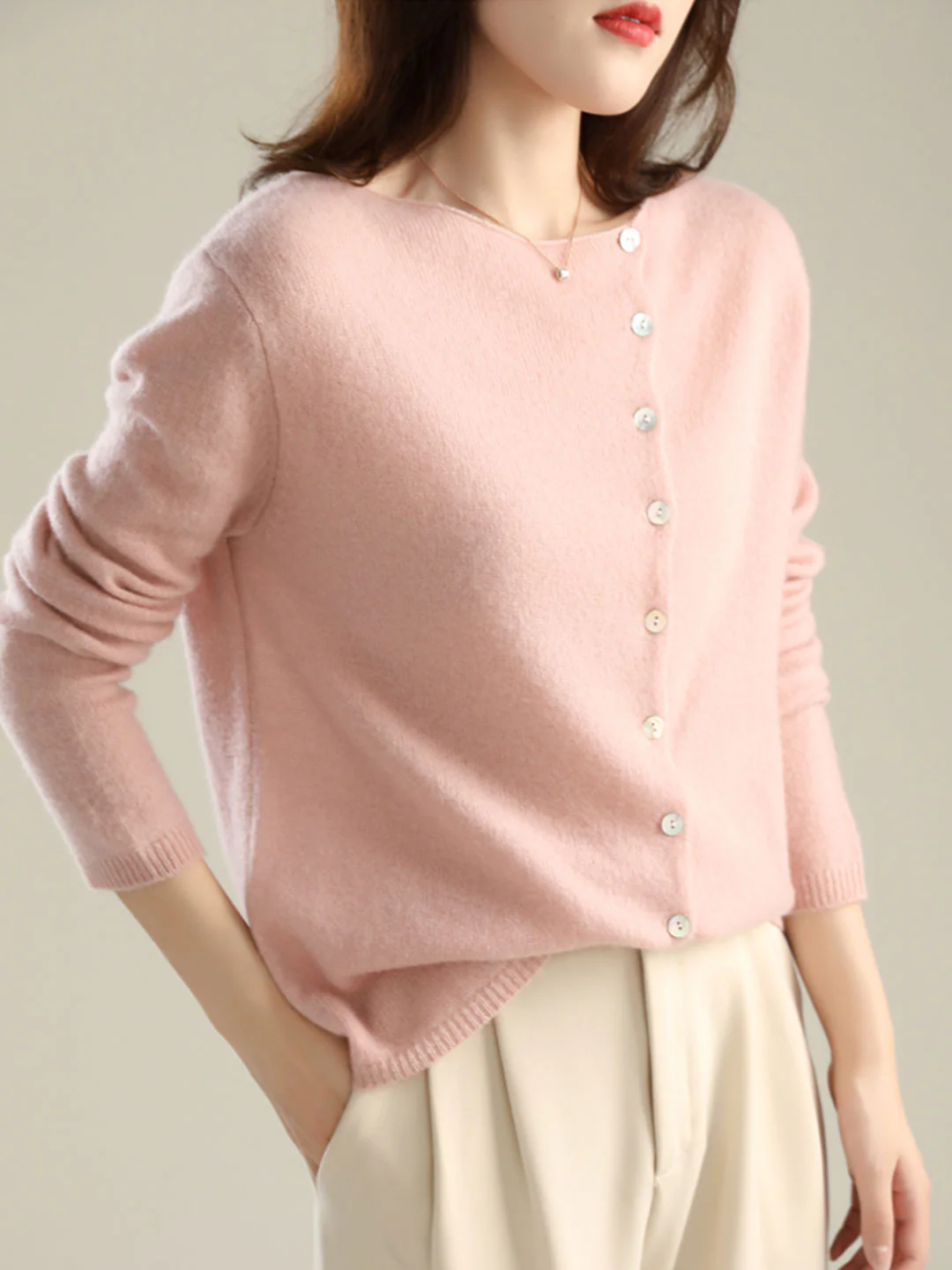 Elegant round neck knit long sleeve cardigan