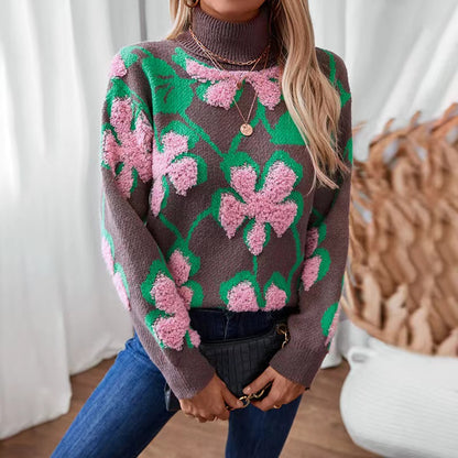 High Neck Brown Floral Clash Colour Knit Sweater