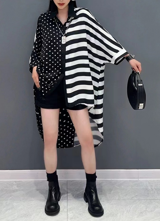 Black And White Patchwork Striped Asymmetric Shirt Top