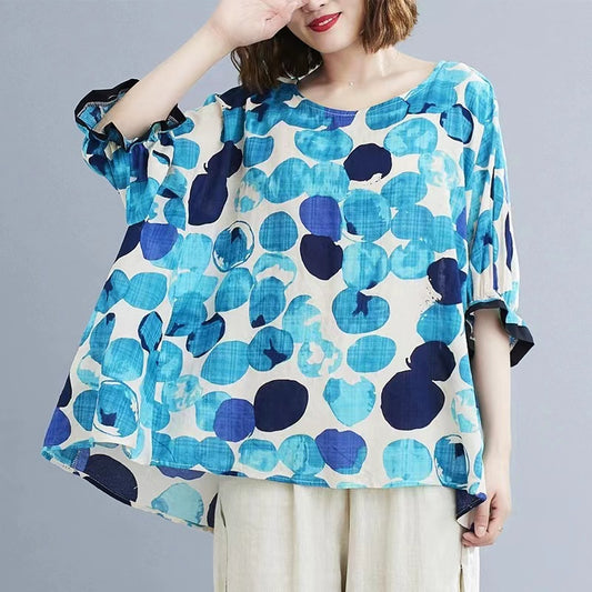 Loose Dot Bat Wing Sleeve Cotton T Shirt Top