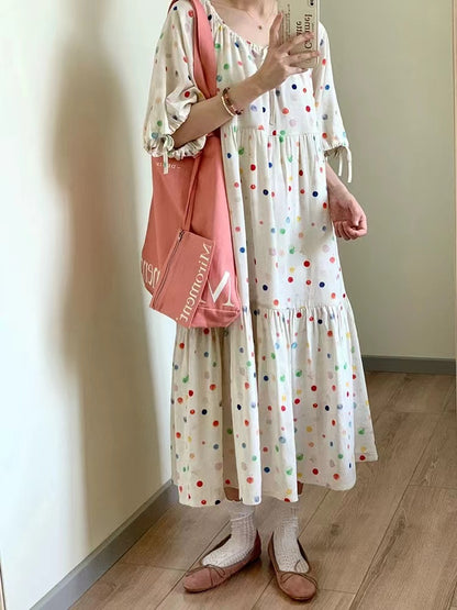 Colorful Polka Dot Drawstring Short Sleeve Dress