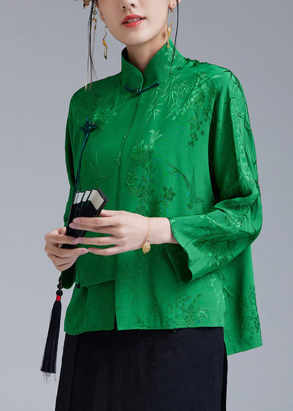 Elegant Standing Collar Jacquard Slant Button Silk Long Sleeve Top