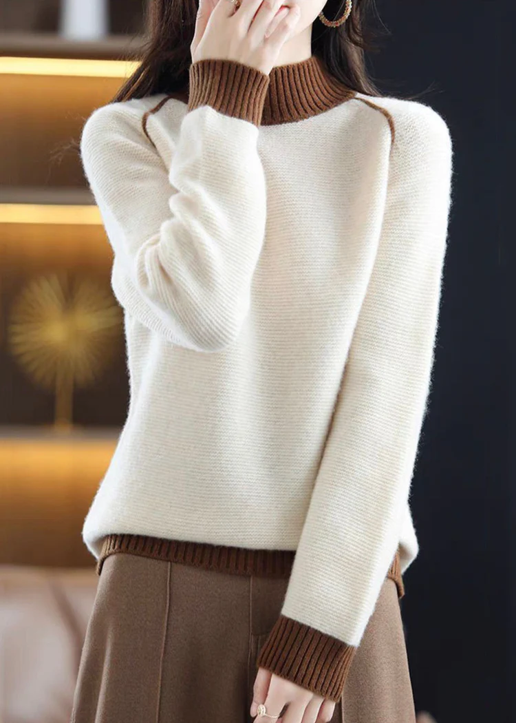 High neck cosy patchwork wool knit jumper