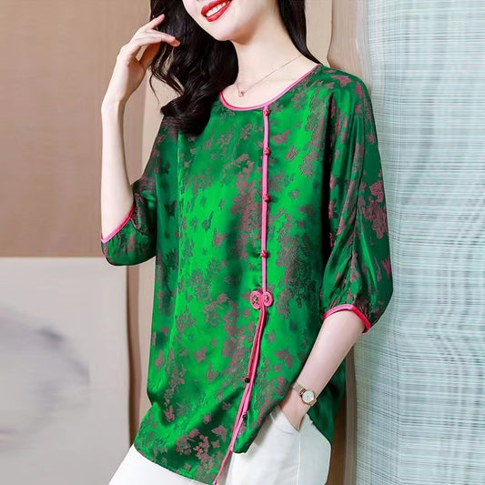 Chinese Printed Color Clashing Asymmetric Short Sleeve Shirt Top