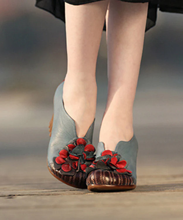 Cowhide Leather Shoes Flower Patchwork Chunky Heeled Shoes