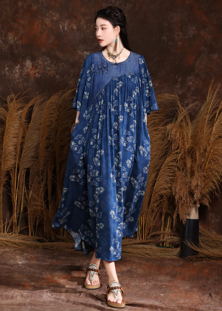 Elegant Patchwork Printed Wrinkled Denim Long Skirt