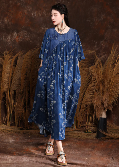 Elegant Patchwork Printed Wrinkled Denim Long Skirt