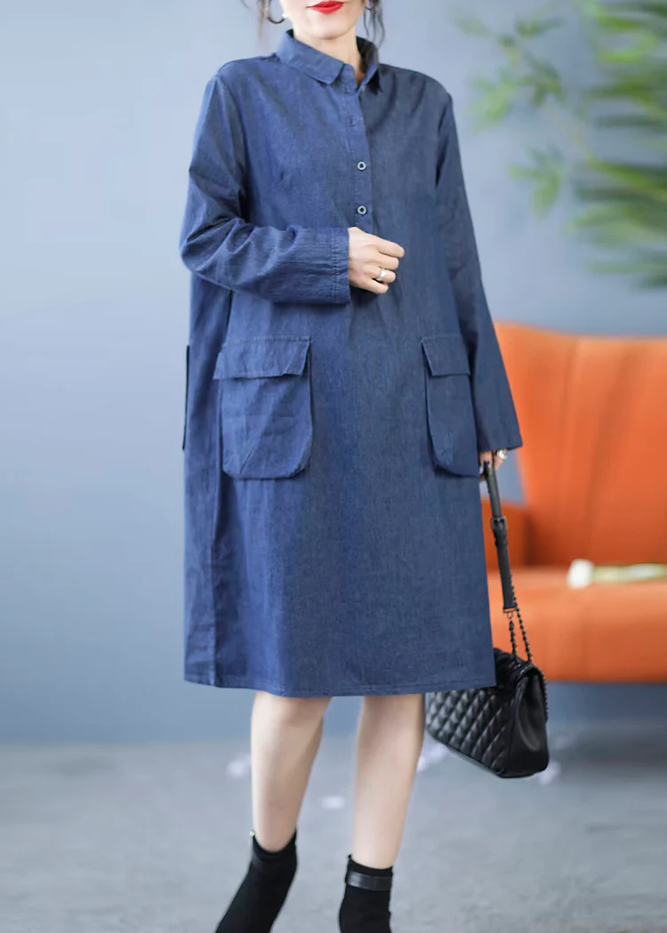 Stylish Lapel Cardigan Pocket Denim Shirt Dress