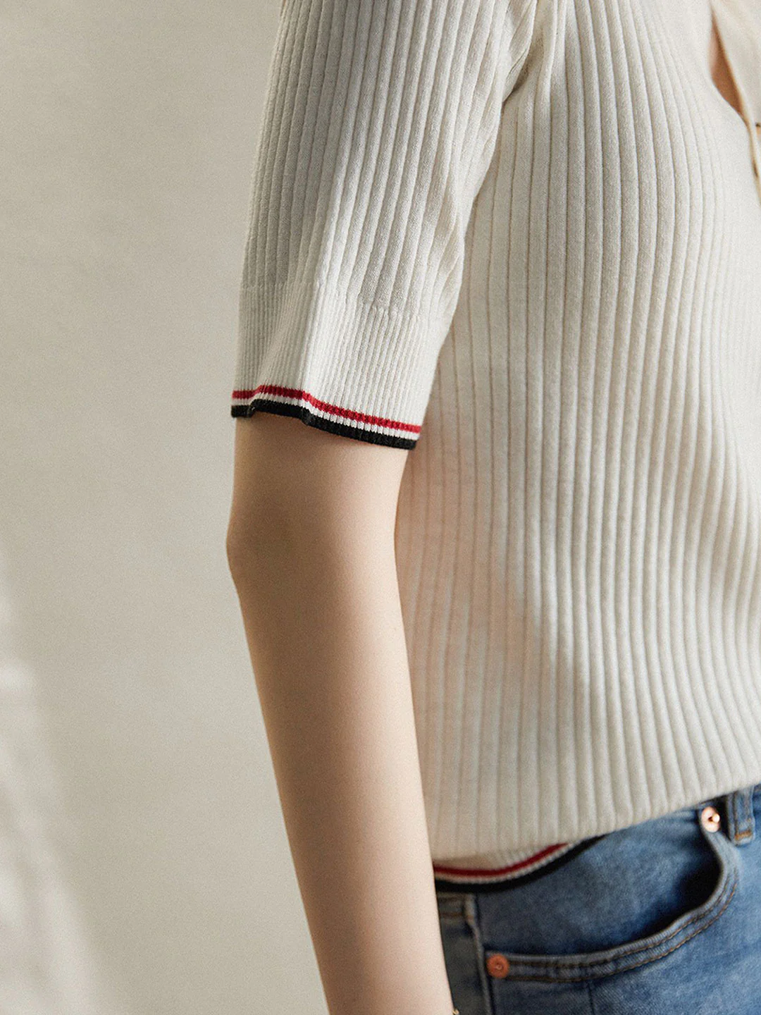 French V-Neck Striped Knit Shirt Short Sleeve Top