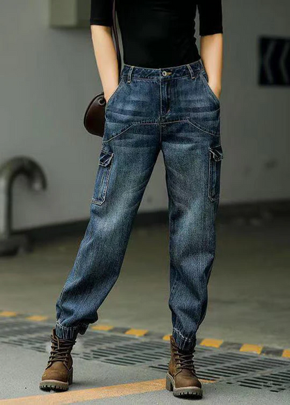 Original Design Pocket Patchwork Cotton Denim Drawstring Pants