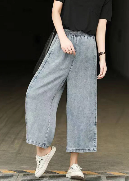 Stylish Elastic Waist Side Opening Denim Nine Minute Pants