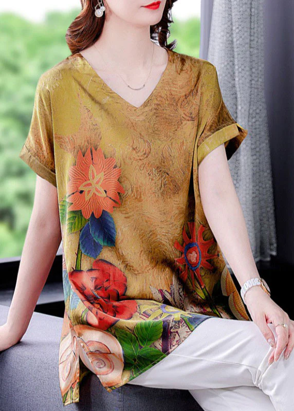 Elegant V-Neck Design Printed Side Split Silk Short Sleeve Top