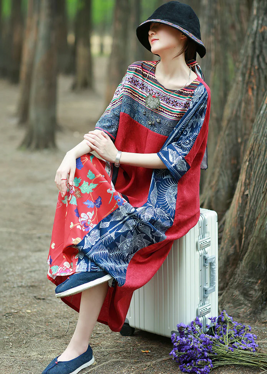 Women's Pocket Patchwork Cotton Printed Half Sleeve Dress