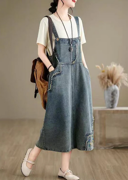 Women's Denim Embroidered Floral Spaghetti Strap Sleeveless Dresses