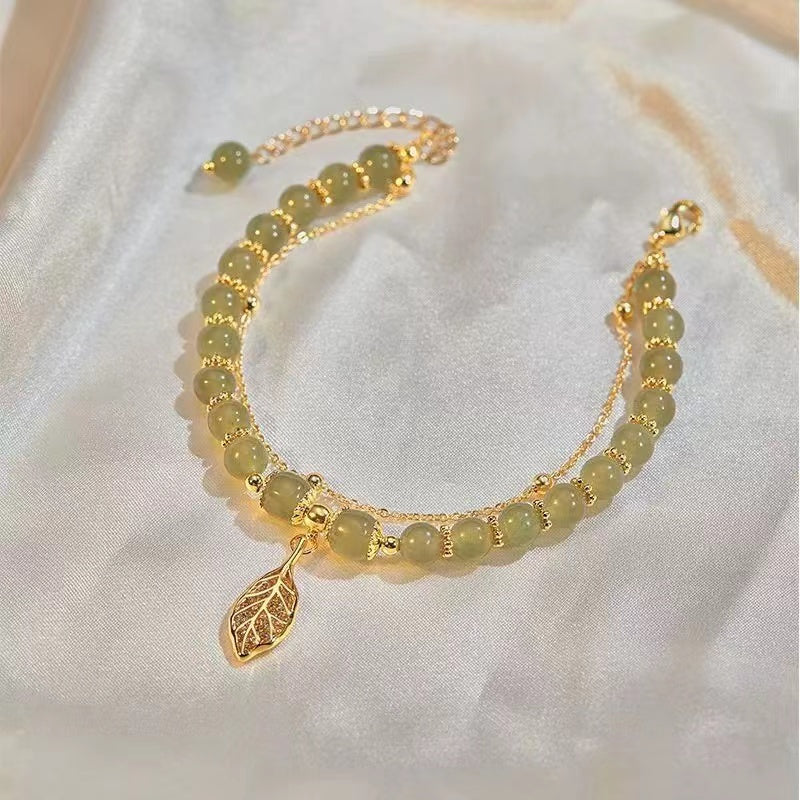 Jadeite Leaf Charm Bracelet in 18K Gold