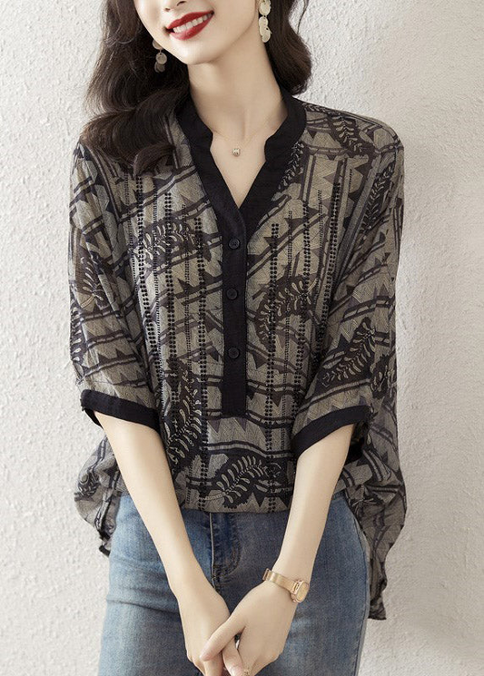 Loose V-Neck Printed Buttoned Real Top Half Sleeve