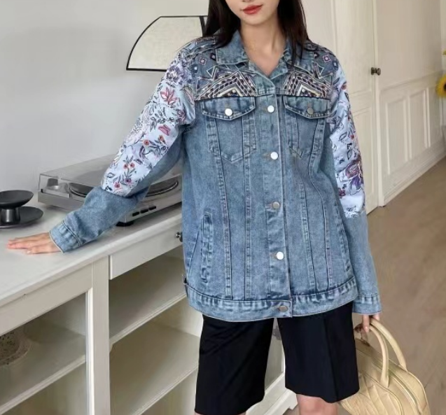 Fashion Beaded Patchwork Denim Jacket