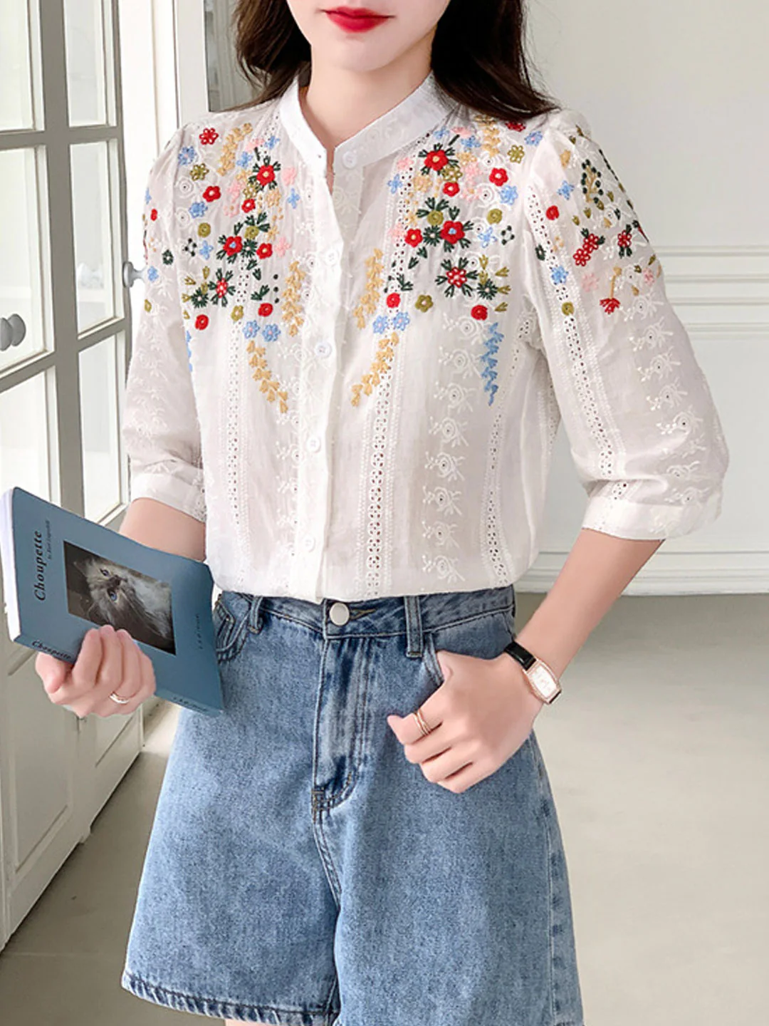 Elegant Embroidered Jacquard Short Sleeve Cardigan Shirt Top