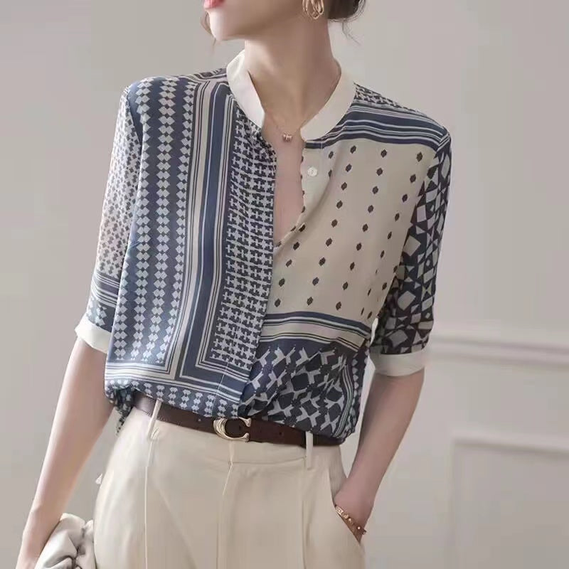 Casual Standing Collar Striped Printed Button Down Cardigan Shirt