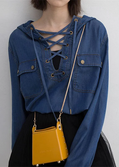 Women's Hooded Lace-Up Denim Shirt Top Long Sleeve Spring