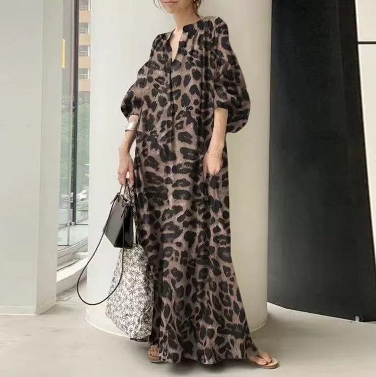 Elegant Leopard Print Stand Collar Short Sleeve Shirt Dress