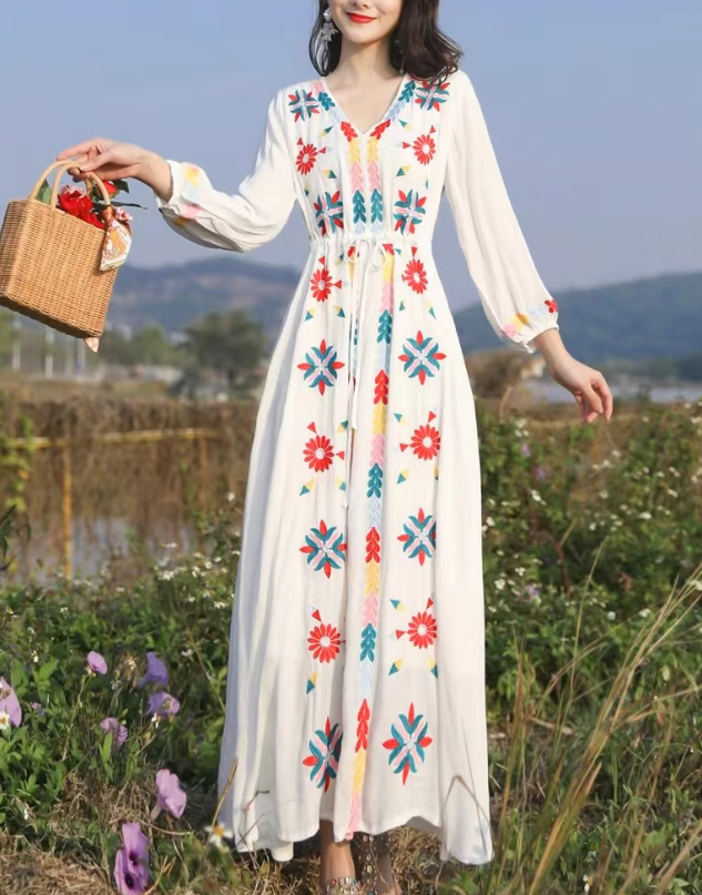 French V-Neck Embroidered Strappy Hem Long Sleeve Dress