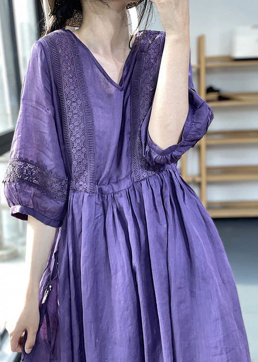 Women's Purple V Neck Waist Lace Patchwork Oversized Hem Cotton Dress Spring Summer