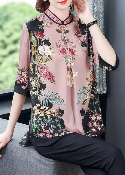 Fashion Standing Collar Printed Side Split Silk Half Skirt Shirt Top