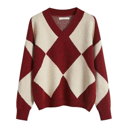 Loose V-neck Red Geometric Sweater