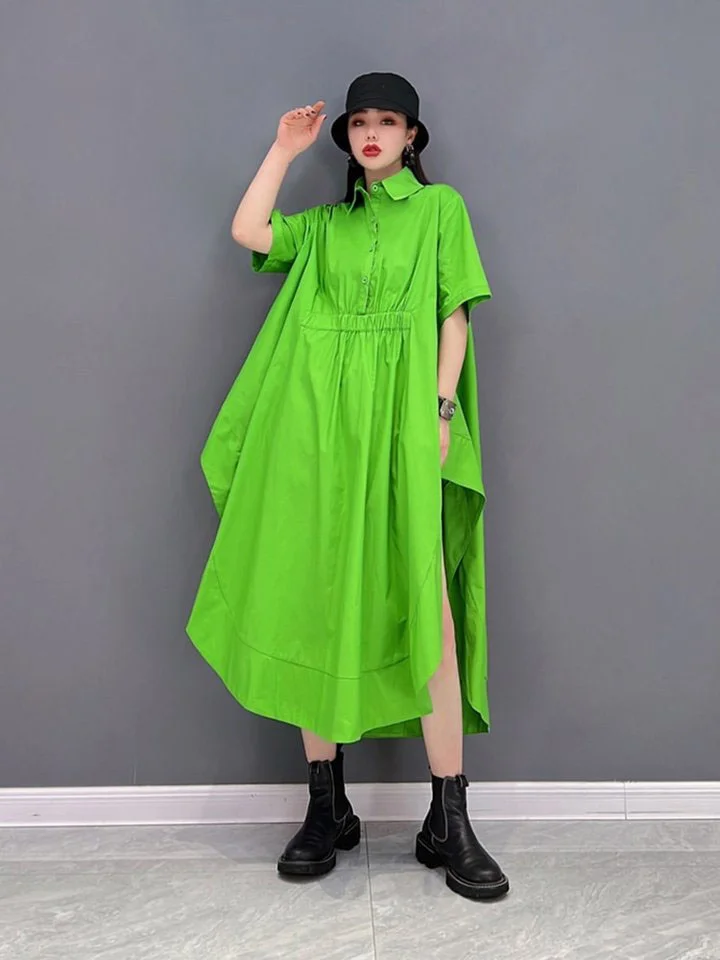 Women's Loose Lapel Solid Color Short Sleeve Irregular Dress Spring