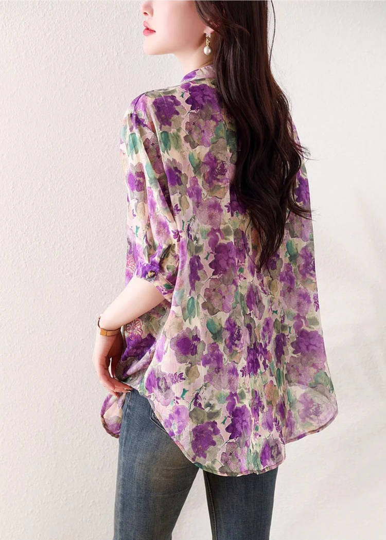 Loose V-Neck Printed Cotton Short Sleeve Shirt Top