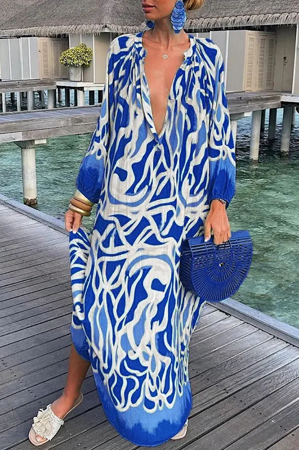 Geometric Printed Front Button Up Long Sleeve Shirt Dress