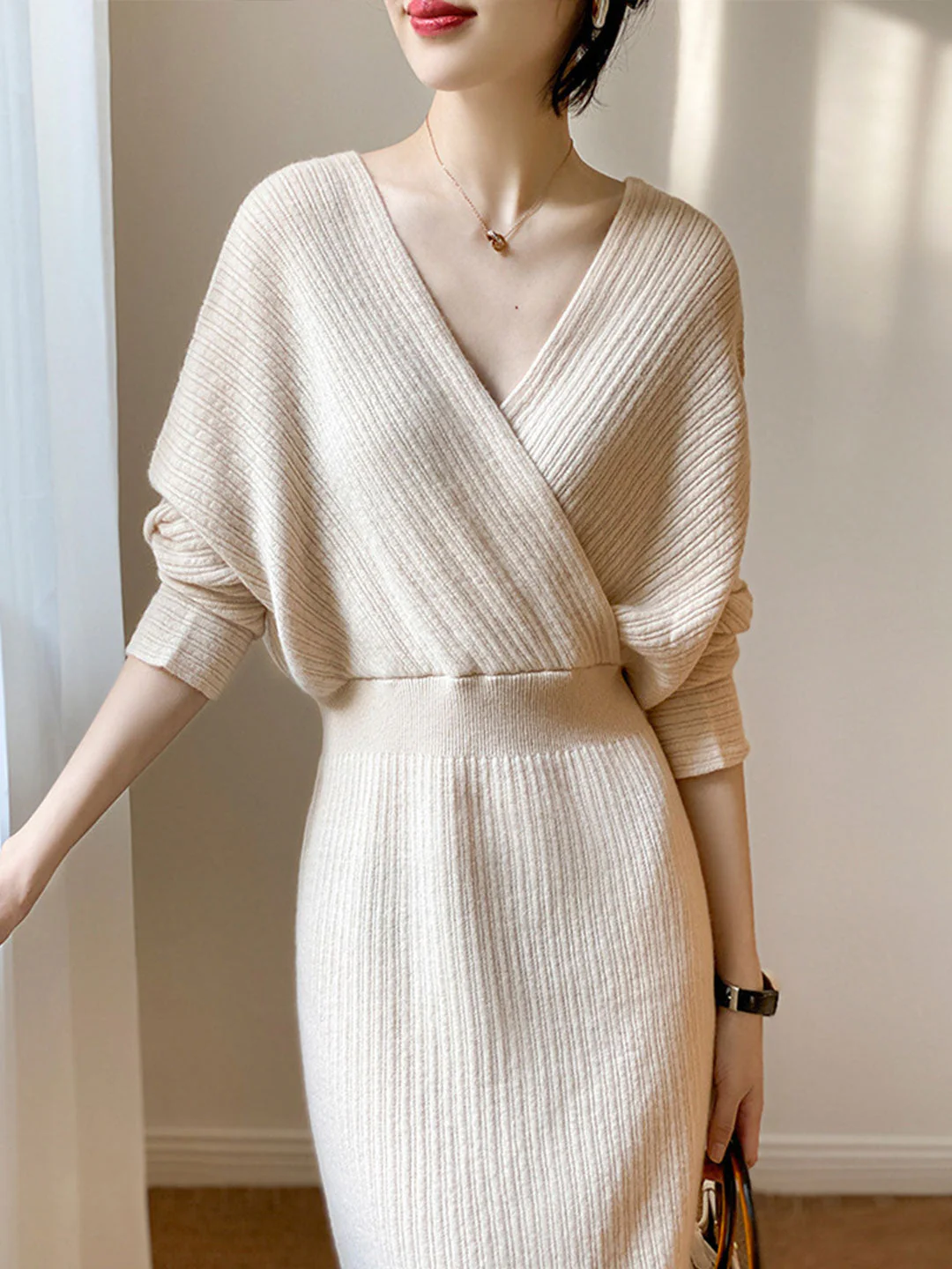 Women's V-Neck Knit Sweater Dresses