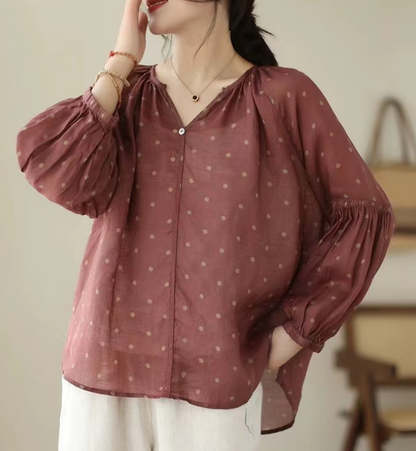 Elegant Printed Polka Dot V-Neck Linen Long Sleeve Shirt Top