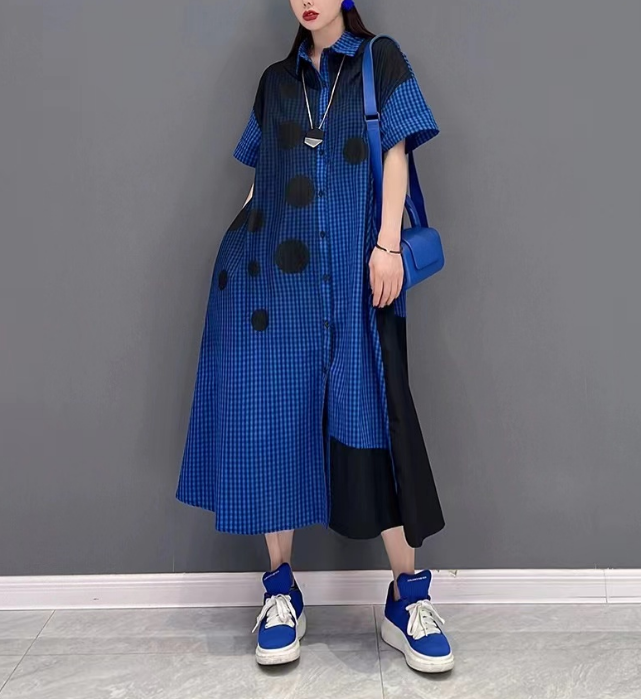 Fashion Casual Plaid Polka Dot Short Sleeve Shirt Dress