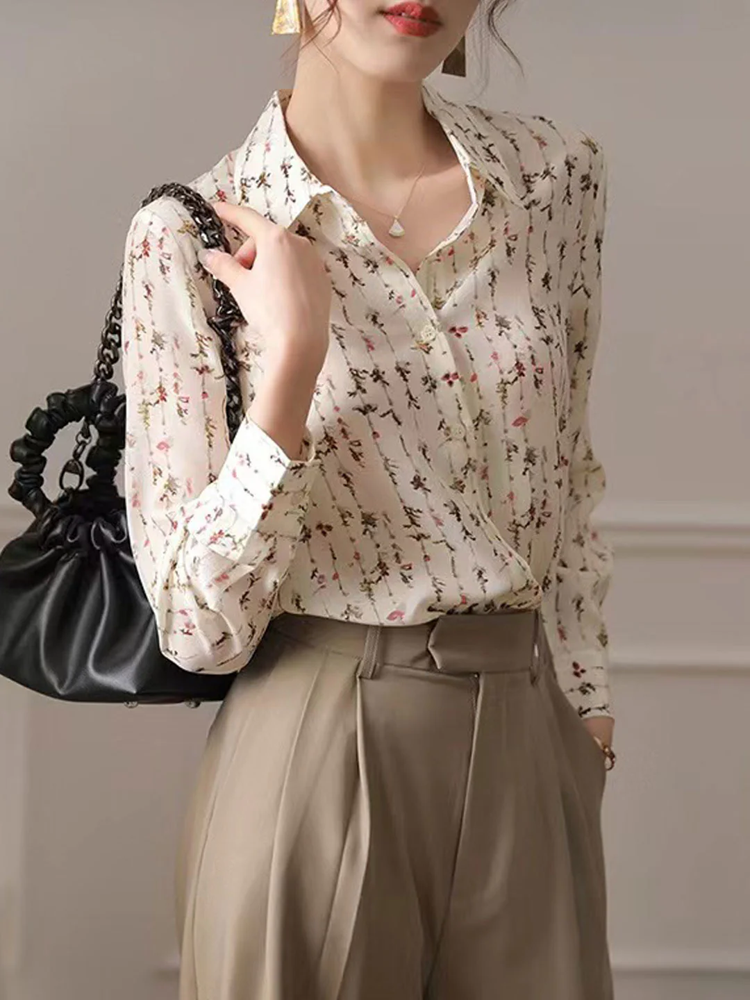 Elegant Lapel Letter Print Long Sleeve Shirt Top