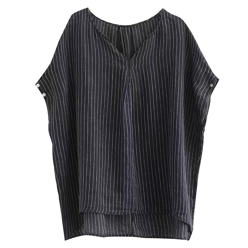 Women's Striped Linen V-Neck Shirt Top