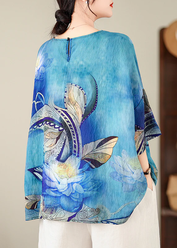 Loose Round Neck Printed Top Short Sleeve Bat Sleeve