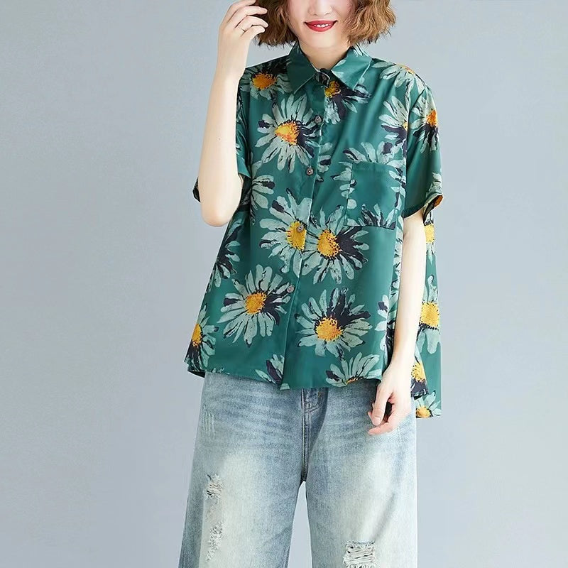 Loose Printed Lapel Short Sleeve Shirt Top