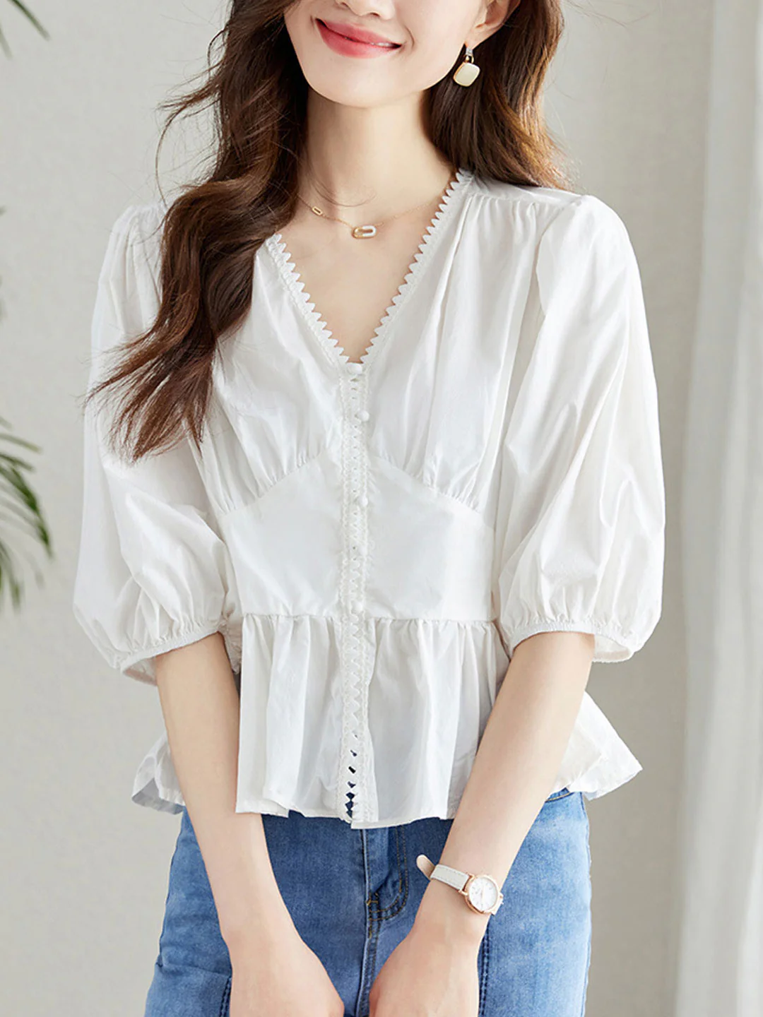 Elegant V-Neck Lantern Short Sleeve Cotton Blouse Top