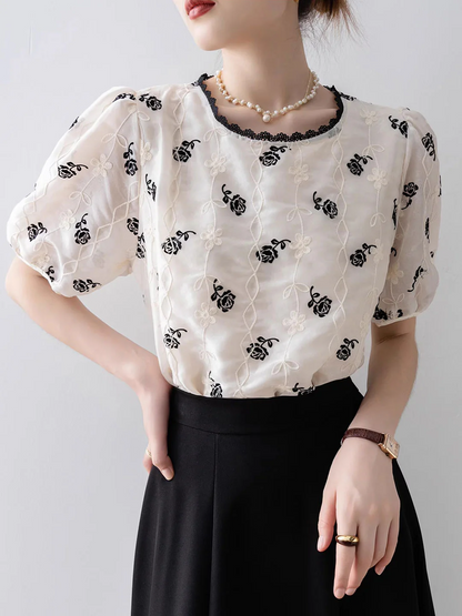 Elegant Bubble Sleeve Embroidered Chiffon Blouse Top