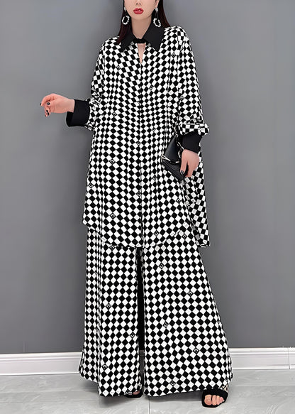 Italian Plaid Patchwork Shirt and Wide-Leg Pants Two-Piece Set Long Sleeve Spring