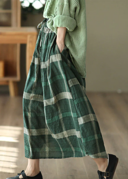 Casual Pocket Plaid Printed Linen Skirt